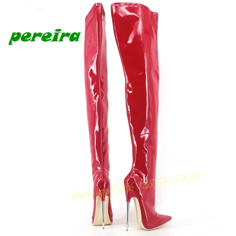 18 Cm Metal High Heel Sexy Boots Pointed Thin Heel Patent Leather Queen Steel Pipe Dance Boots Hip Lengthened Knee Boots Large