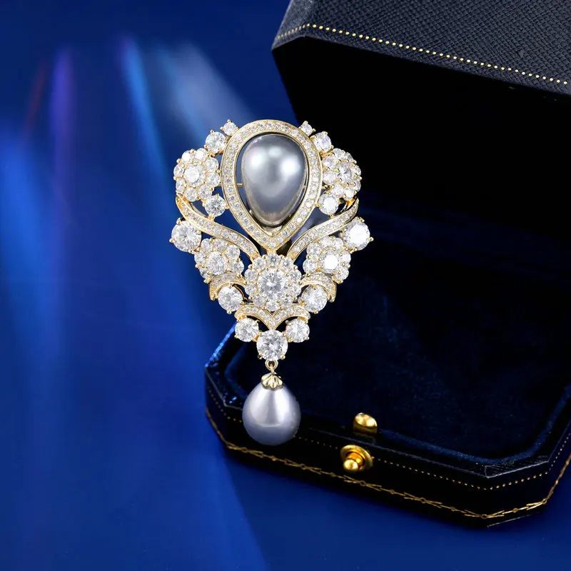 FXLRY Elegant French Vintage Encrusted Zircon Water Drop Pearl High-grade Brooch For Women Bridal Wedding Jewelry