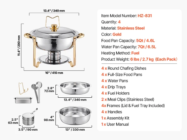 SucceBuy 4-pack komfoorbuffetset roestvrijstalen chafer met 4 full size pan ronde catering warmer server voor feestbanketten
