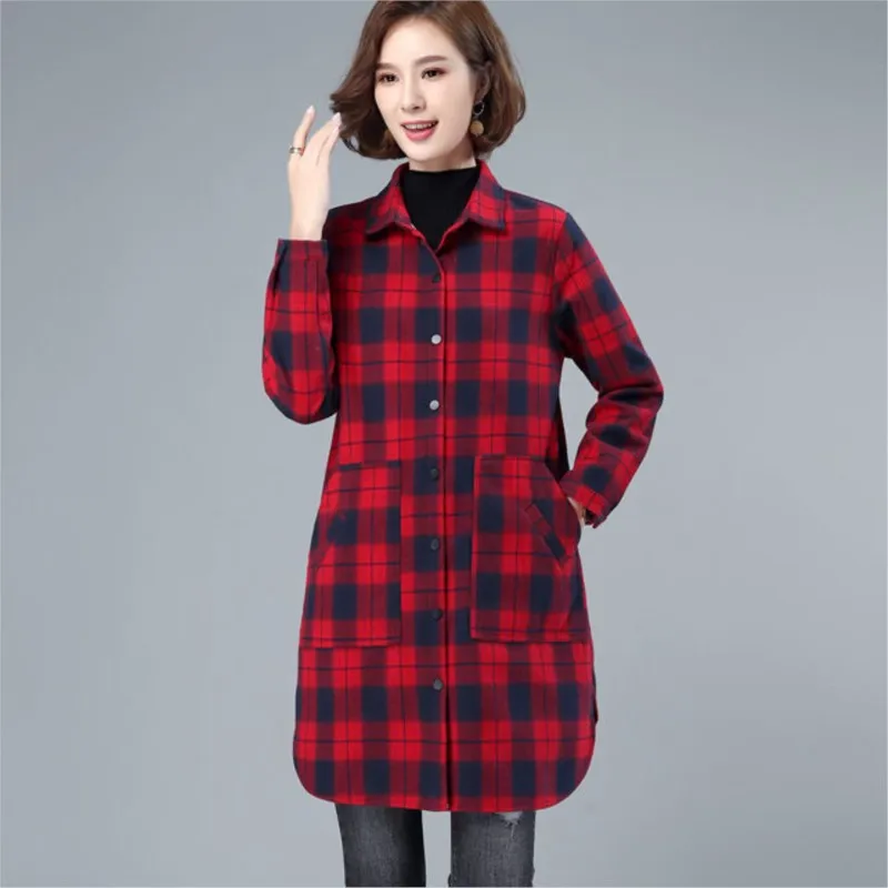 Winter Shirts Warm Tops Women Long Sleeve Vintage Thick Shirt Long Outerwear Female Turn-down Collar Plaid Thicken Blouse NS5518