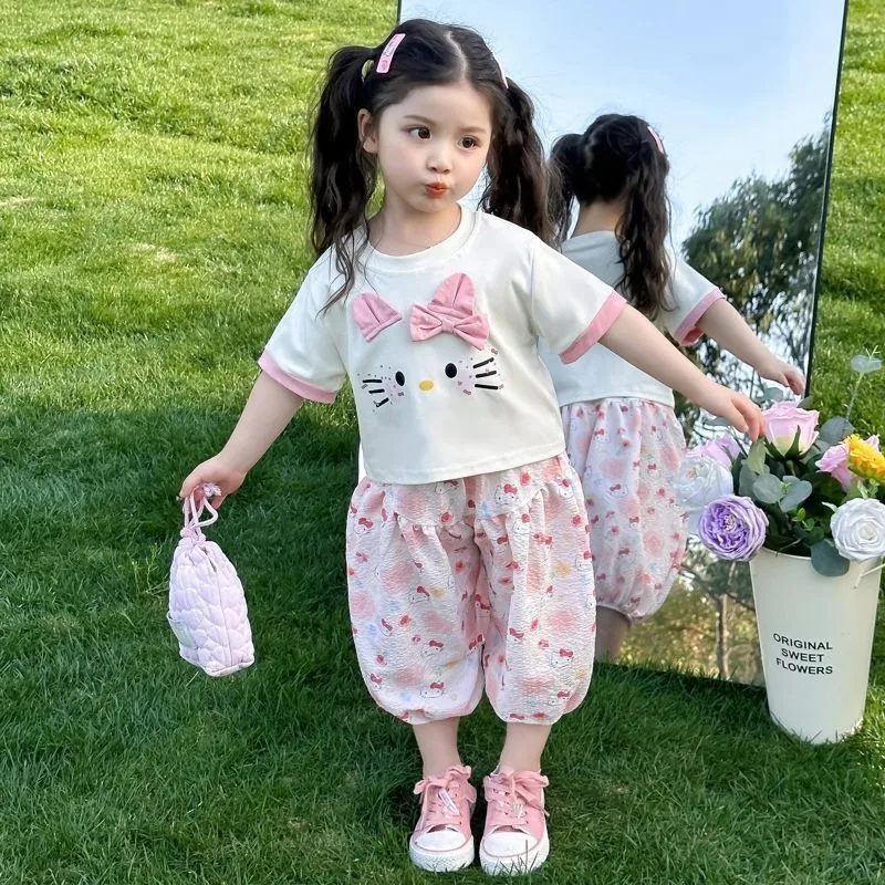 

Sweet Summer Hello Kitty Anime Kawaii Sanrio Baby Short Sleeve Shirt Pants Set 2025 Cute Cartoon Baby Loose Clothes Gifts