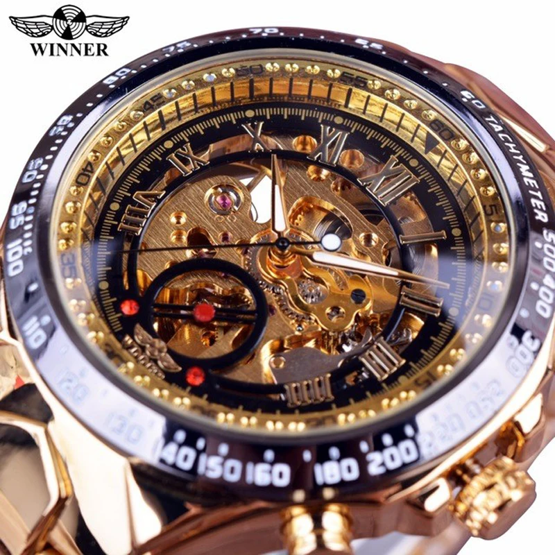 Winner Classic Series Golden Movement Steel Mens Skeleton Man Wrist Watch Mechanical Top Brand Luxury Fashion Automatic Watches