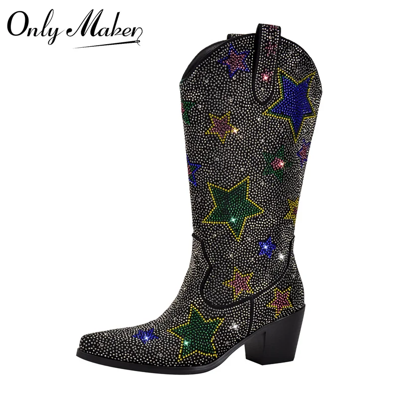 

Onlymaker Women Rhinestone Black Western Boots Comfy And Gorgeous Fashion Female Bling Booties