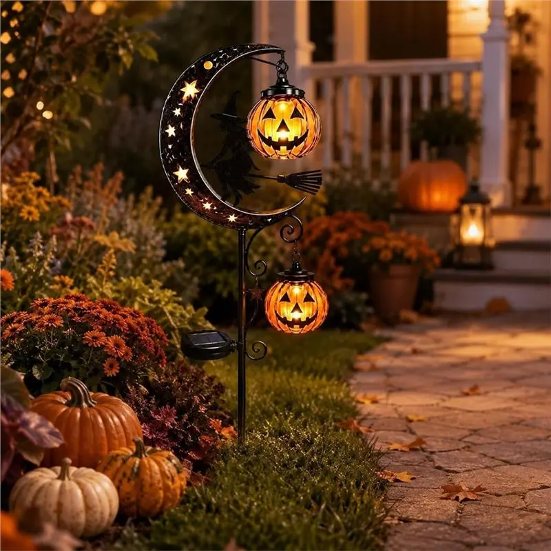 WCS-Solar Halloween For Lawn Garden Stake Light Featuring Pumpkin Lantern& Crescent Moon Design For Lawn Patio Walkway