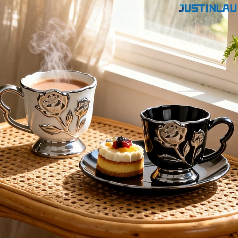 JUSTINLAU Tulpen-Rosen-Frühstückstasse Hochwertige Tasse Kaffeetasse Haushaltskeramiktasse Niedliche Tasse Geeignet für Paare zum Verwenden als Teetasse