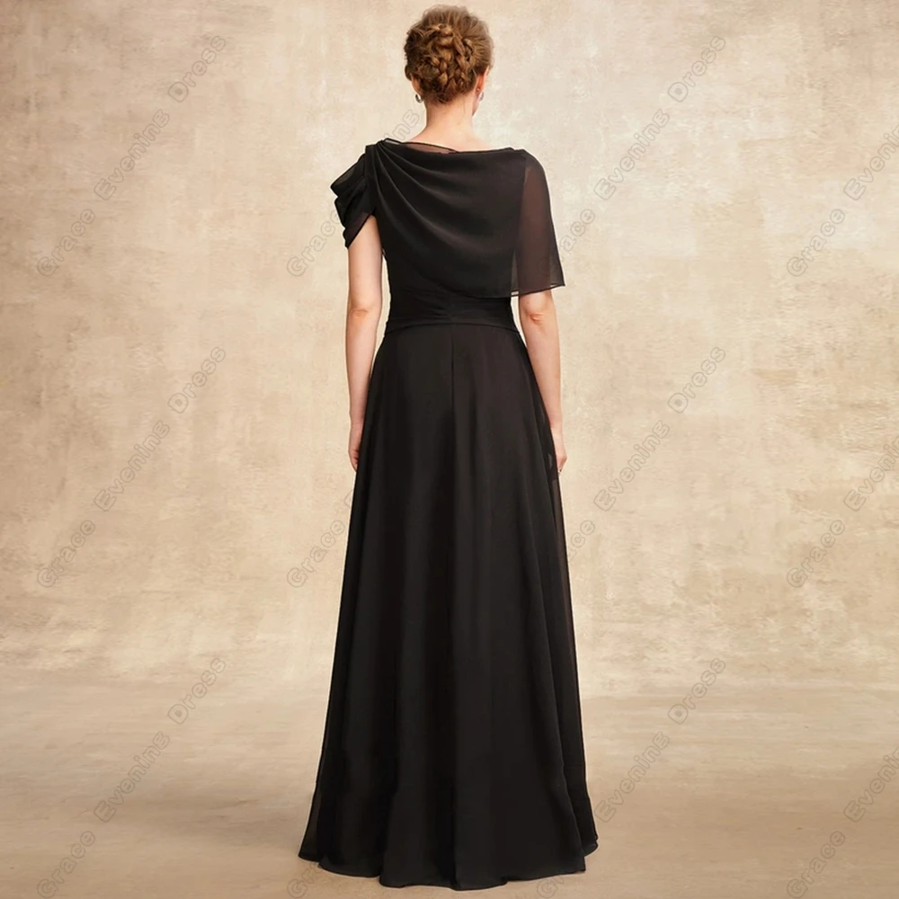 Scoop Half Sleeve Mother of Bride Dresses for Women Gorgeous Choffon Black Wedding Party Gown Pleat Simple Vestido De Noche 2023