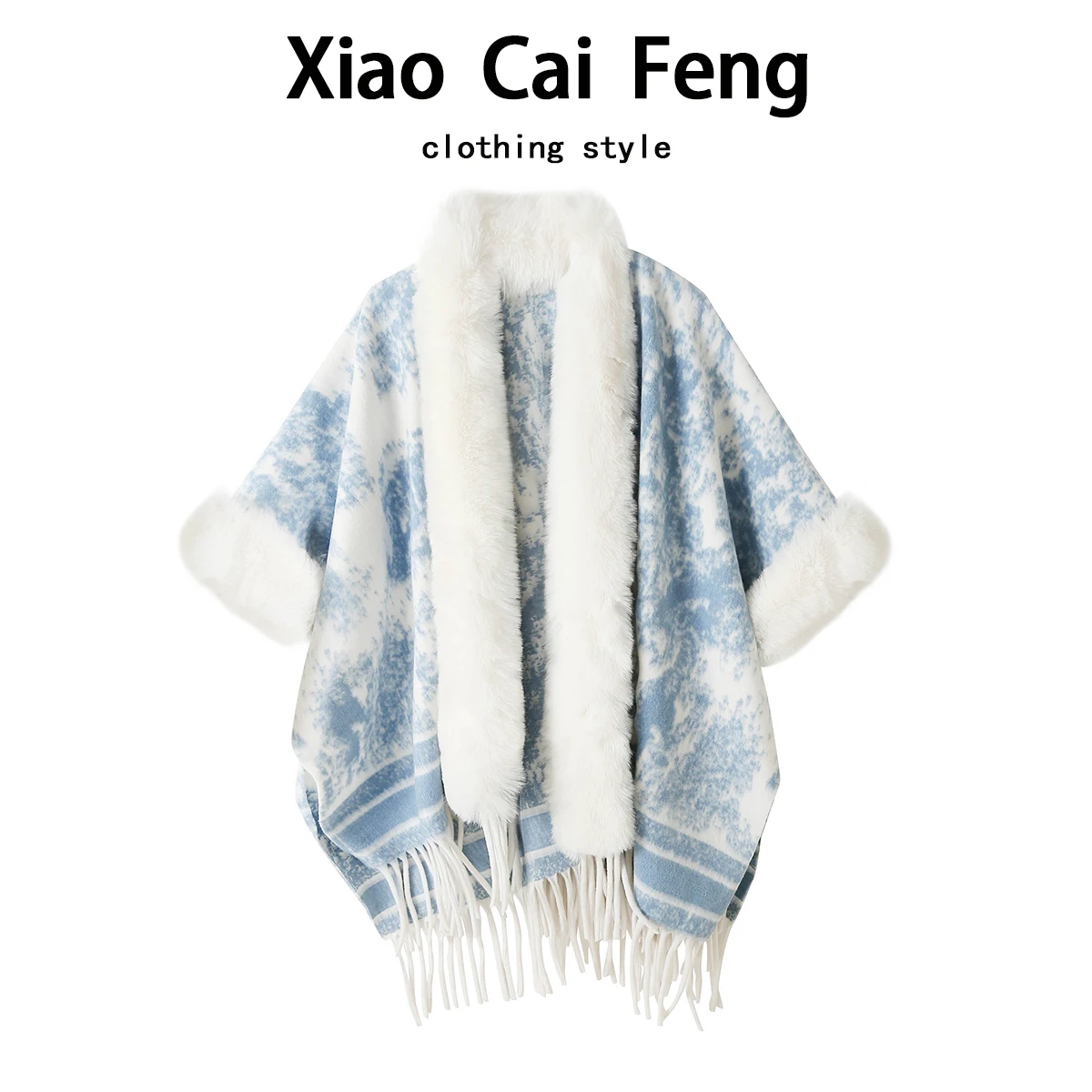 Women's Shawl-Collar Coat Autumn Winter Warm High-End Feel Vintage Ink Painting Tassel Large Fur Collar Versatile Outerwear