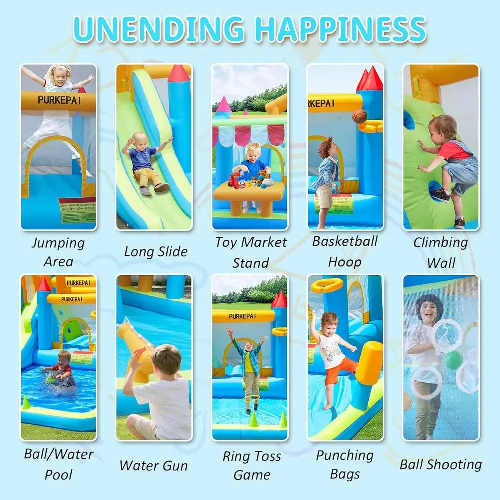 منزل Iatable Bounce للأطفال مع حامل سوق الألعاب، حامل سبلاش لحمام السباحة، جدار التسلق، مسدس الماء، كرة السهام، الترامبولين، بو