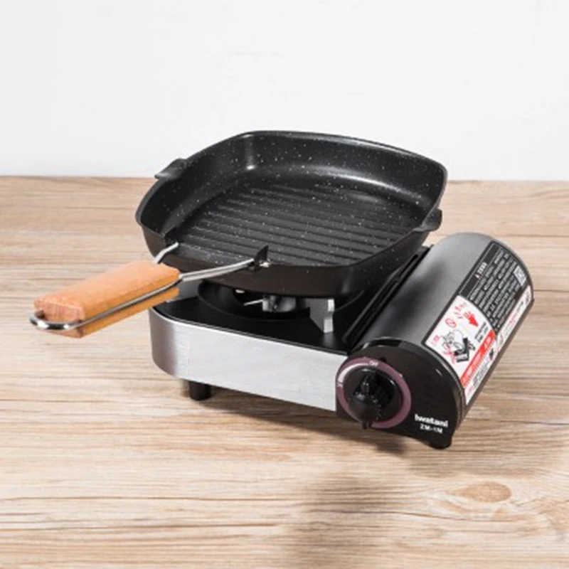 Foldable Portable Frying Pan Picnic Grill Pan Anti-scald Wooden Handle Outdoor Grill Pan Double Mouth Steak Pan(No Lid)