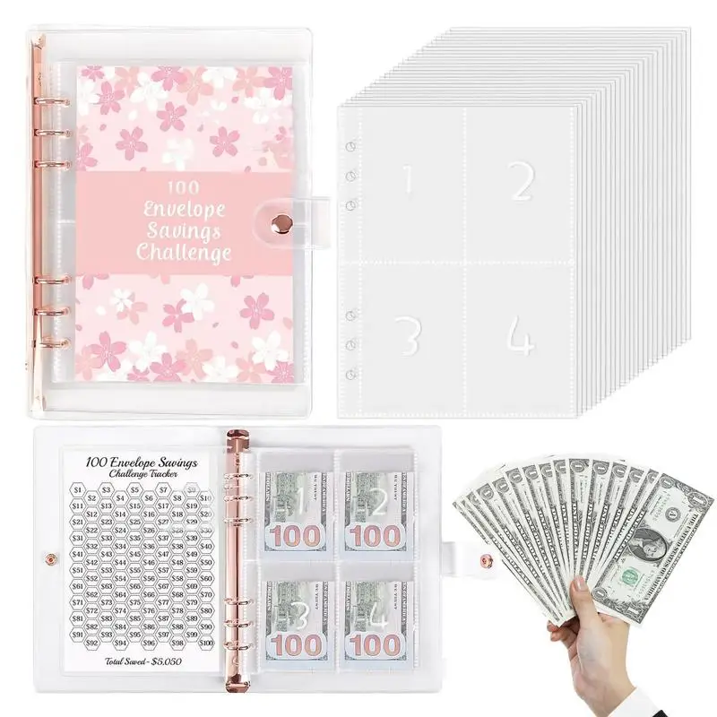 Binder tantangan penghematan 100 biaya A5 Kit tantangan penghematan anggaran uang tunai dompet biaya portabel untuk penganggaran dan menghemat uang
