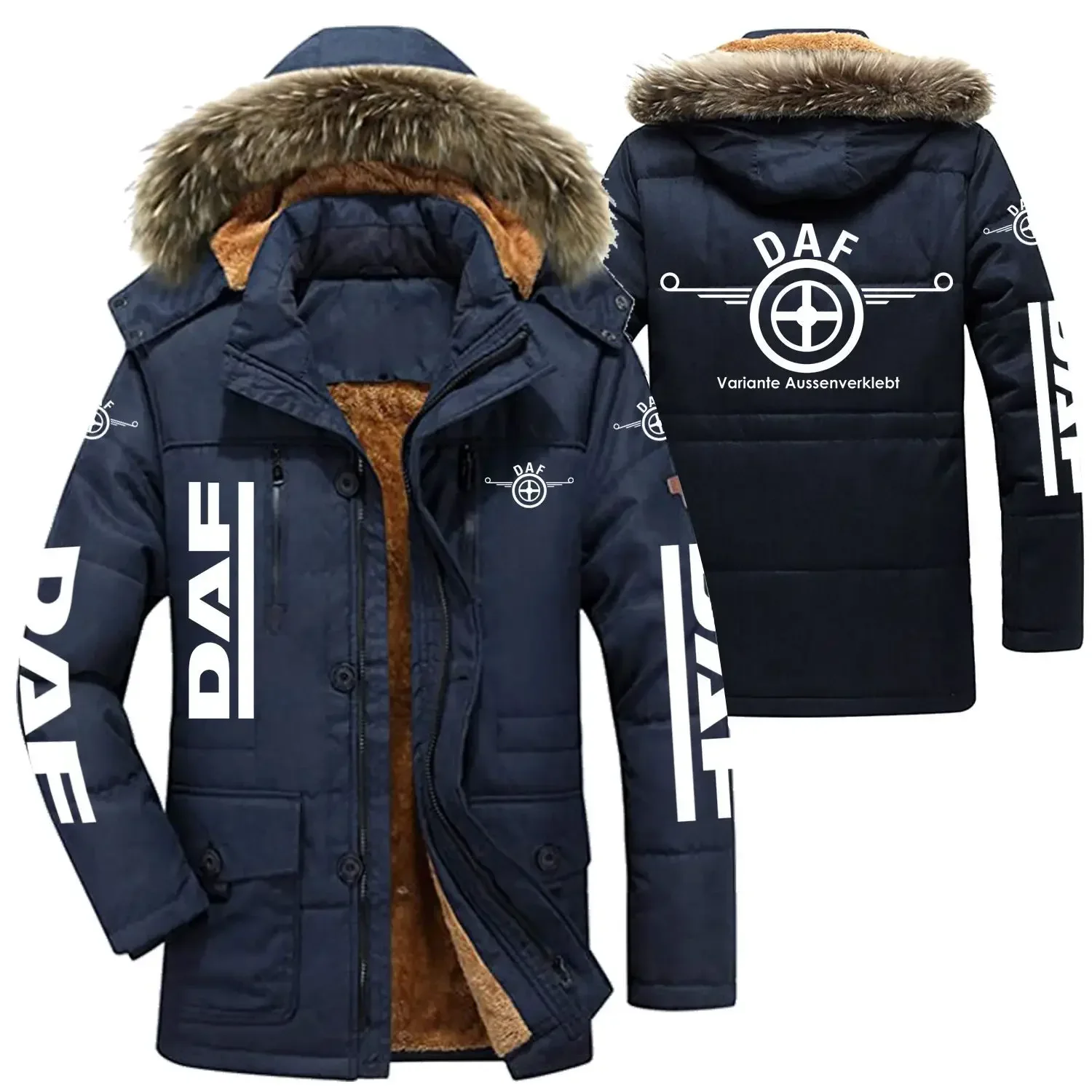 DAF Logo Men's Winter Cotton Jackets Hooded Parkas Lamb Fur Lining Plush Men Cold Thickening Fashion Motorcycle Jacket