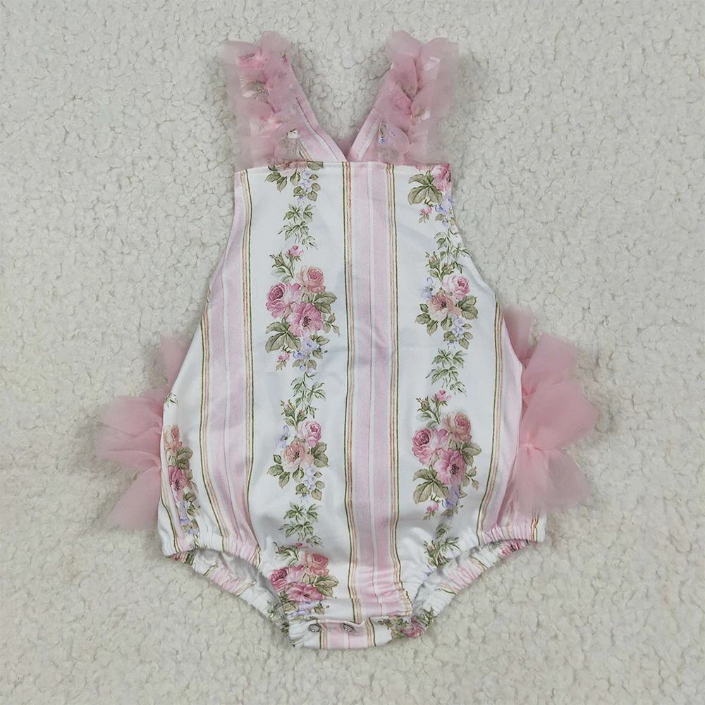

Baby Girls Pink Tulle Ruffle Romper Floral Stripe Straps Summer Outfit Infant Girls Clothing Soft Comfortable Baby Girl Romper