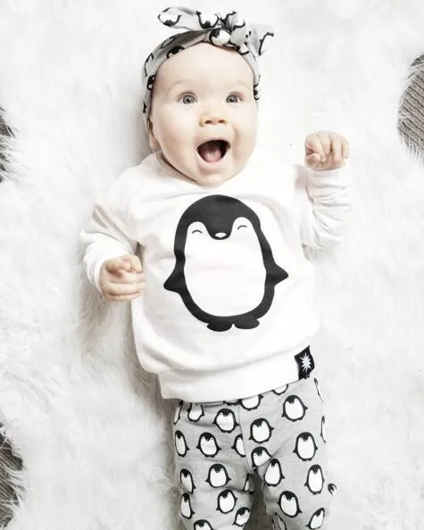 Newborn Infant Baby Clothes Outfits Fashion Long Sleeve Penguin T-shirt+Pants 2PCS Baby Boys Girls Clothing Sets