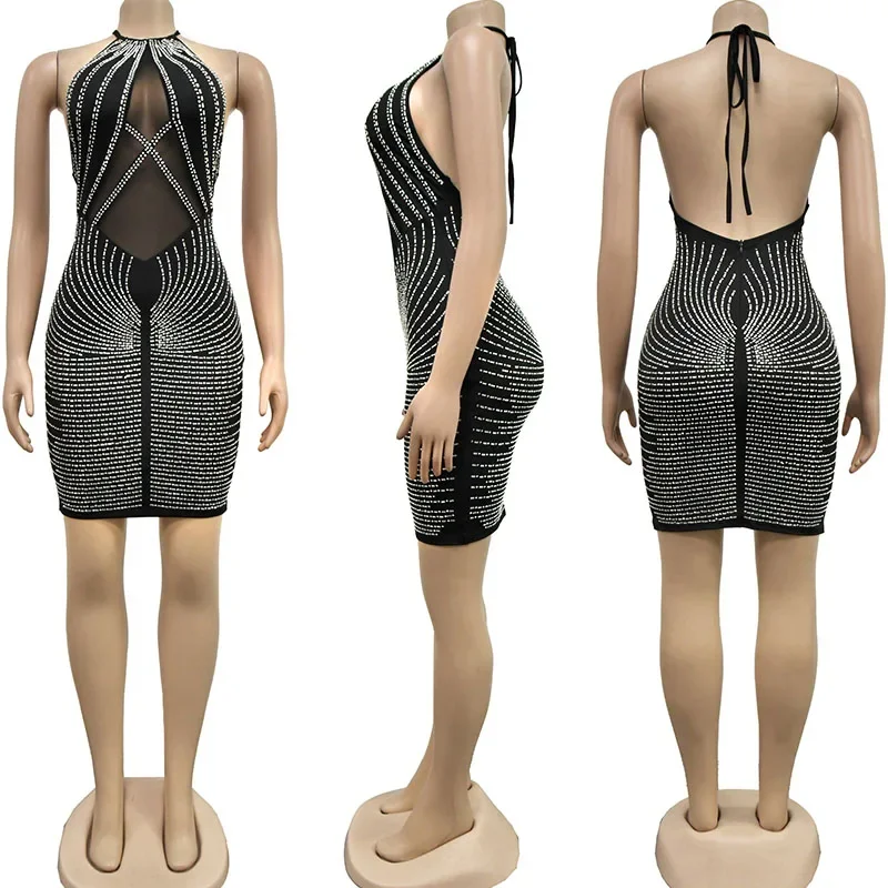 Sparkly Rhinestones Diamonds Sheer Mesh Bodycon Dresses for Woman Rave Club Birthday Party Night Club Backless Sexy Mini Dress