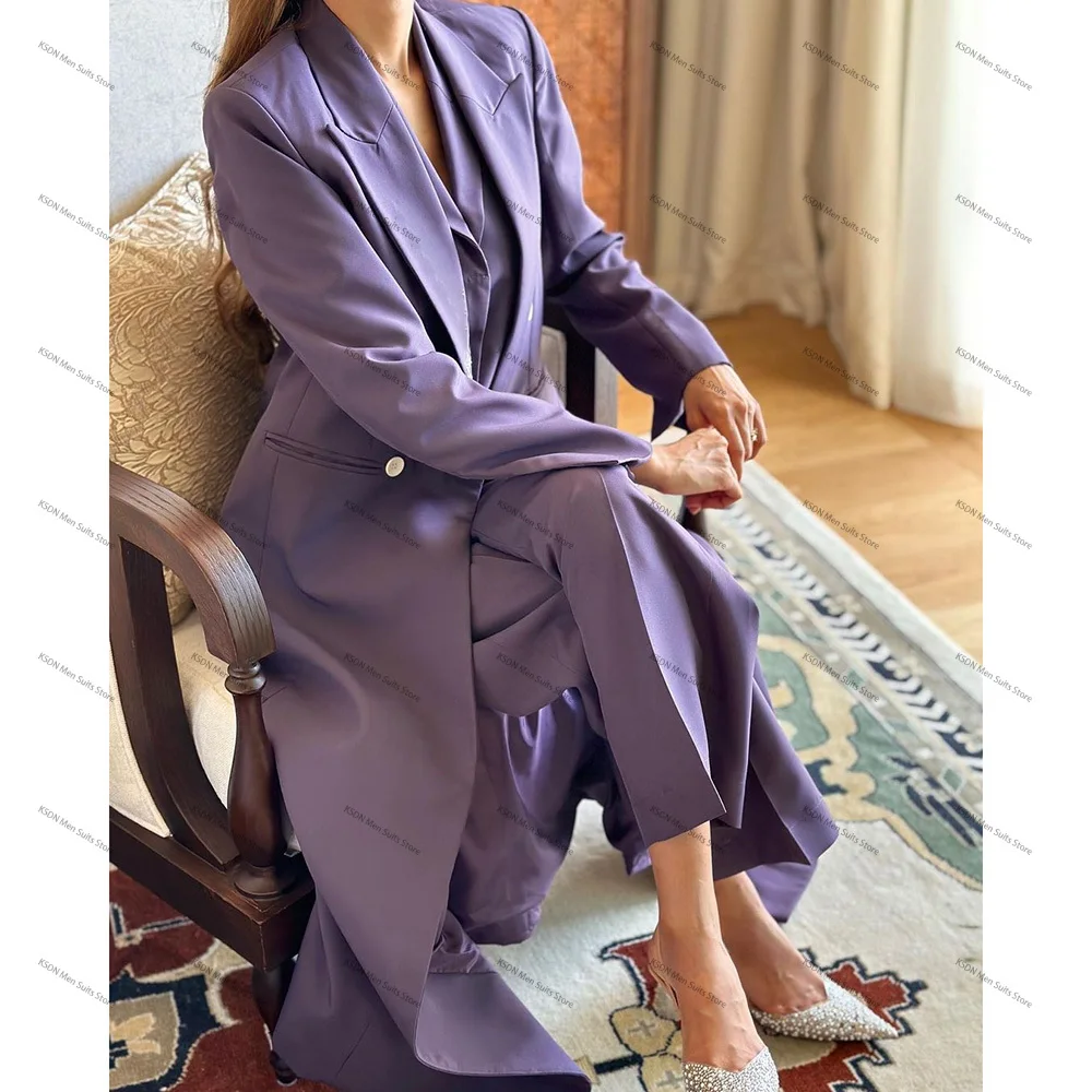 Purple Double Breasted Elegant Long Women's Suits Sets Flat Chic Luxury Daily Outfits 3 Piece Jacket Pants Vest Blazer Abayas