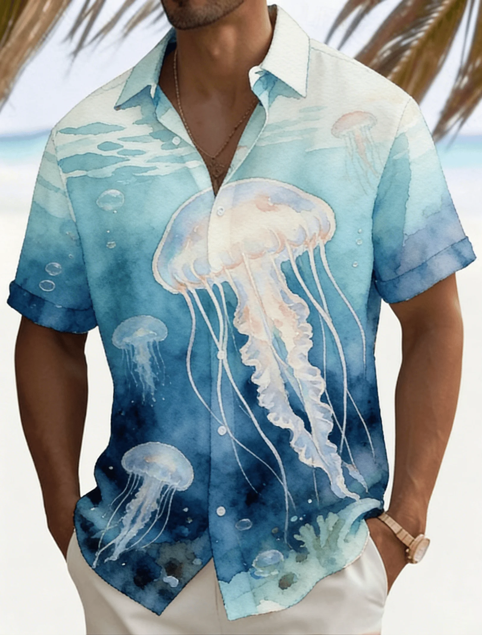 

Men's Watercolor Ocean Print Short Sleeve Shirt, Spring Summer Fresh Hawaiian Vacation Blouse, Loose Casual Top
