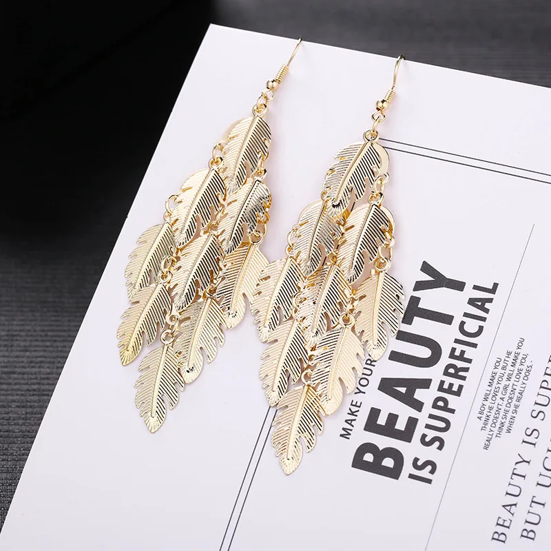 1 Pair Vintage Leaf Drop Long Earrings Geometric Hollow Maple Leaf Exaggerated Long Tassel Hanging Earrings Jewelry Accessories