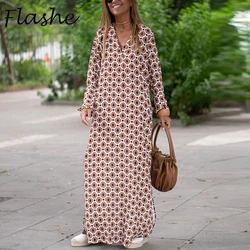 Summer Women Maxi Dresses V Neck Long Sleeve Vintage Print Long Dress Women Beach Cover Up 2023