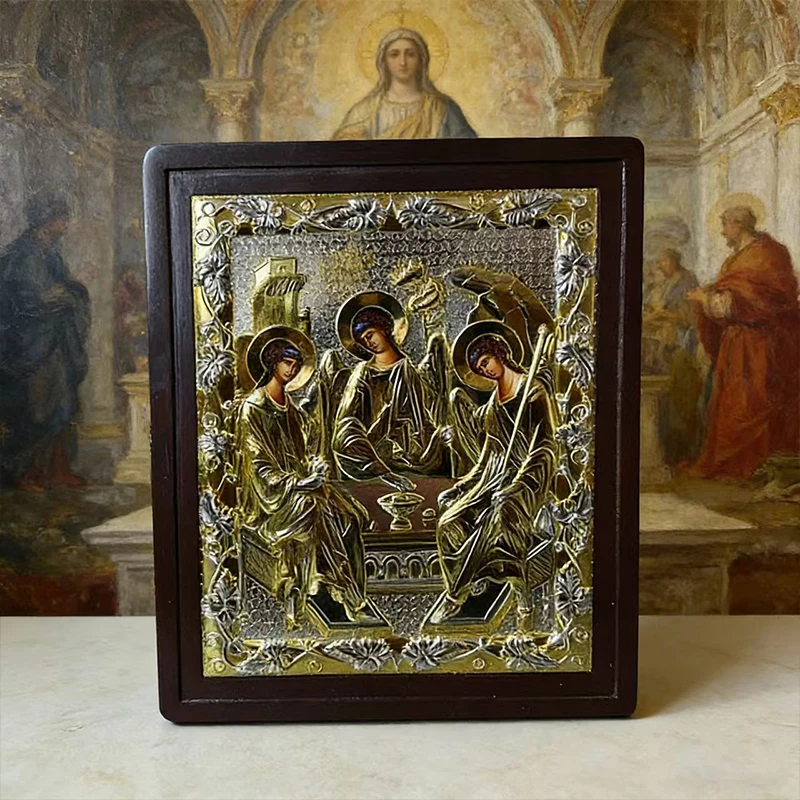 

New Gold Plated Orthodox Church Holy Trinity Icon with Wooden Frame for Liturgy Home Altar Prayer Devotion Christian Gift Decor