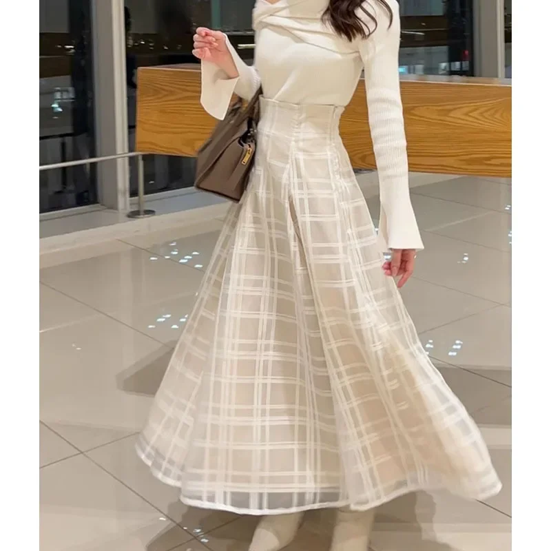 Spring New Ropa Slim Fit A-line Skirts Women Fresh Sweet Plaid High Waist Double Long Jupe Japanese All-match Elegant Faldas