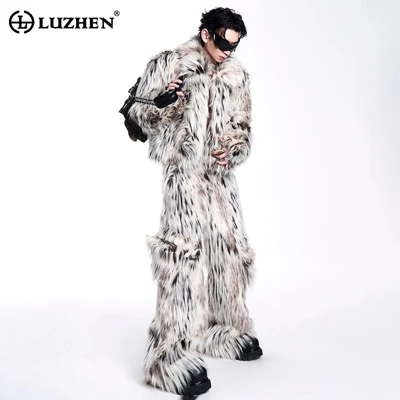 LUZHEN High End Luxury Leopard Faux Fur Coat Straight Pants Personalized Trendy Male Street Prom Party Winter Outerwear LZ6799