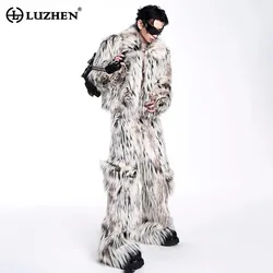 LUZHEN High End Luxury Leopard Faux Fur Coat Straight Pants Personalized Trendy Male Street Prom Party Winter Outerwear LZ6799