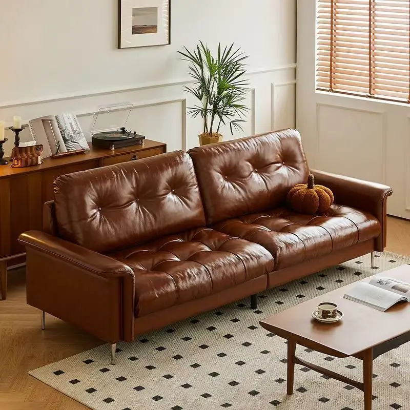 

Light luxury retro oil wax skin nebula sofa medium antique dark black living room apartment three-person straight row lazy