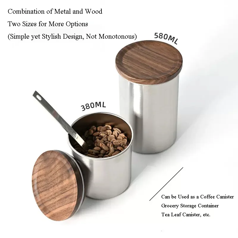 380ml/580ml Coffee Bean Storage Canister, Stainless Steel with Wooden Lid, Airtight Container for Coffee Beans/Powder