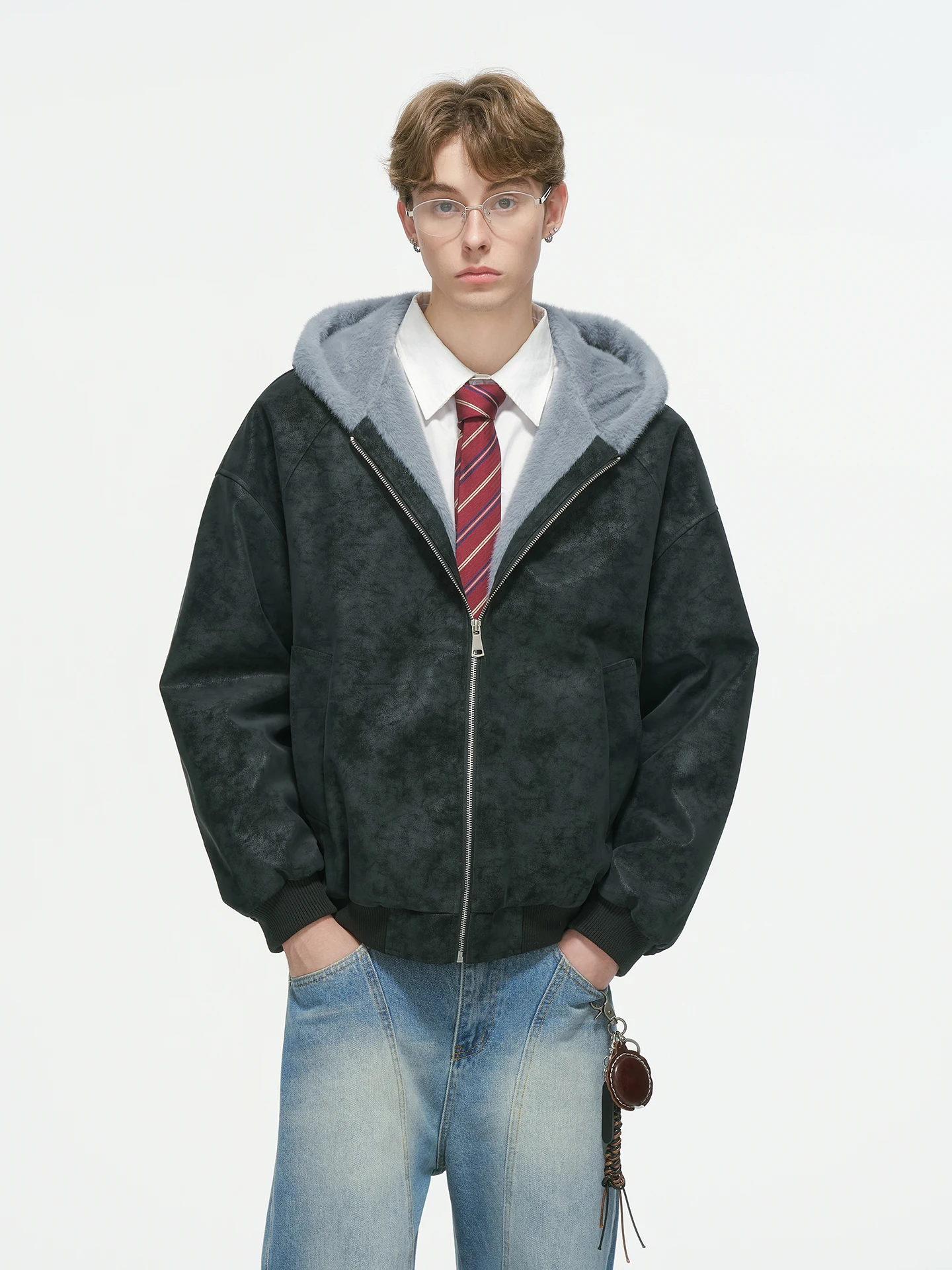 Men's Thickened Winter Jacket Dream Made Mountain Eagle Design Litchi Skin Coat with Fur Collar Casual Warm Zipper Closure Co...
