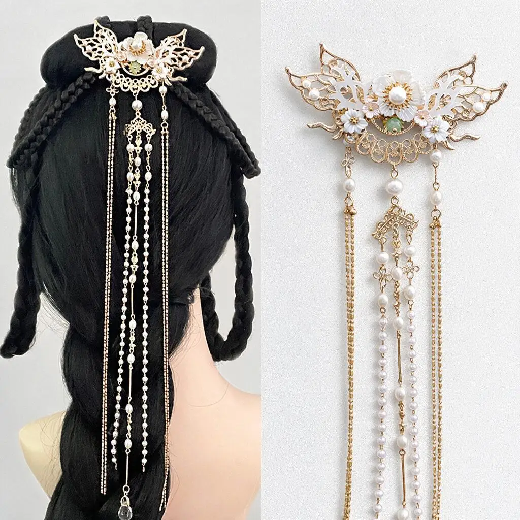 Vintage Chinese Hanfu Comb Butterfly Flower Pearl Long Tassel Back Hair Pin Traditional Ancient Style Hair Accessory For Women