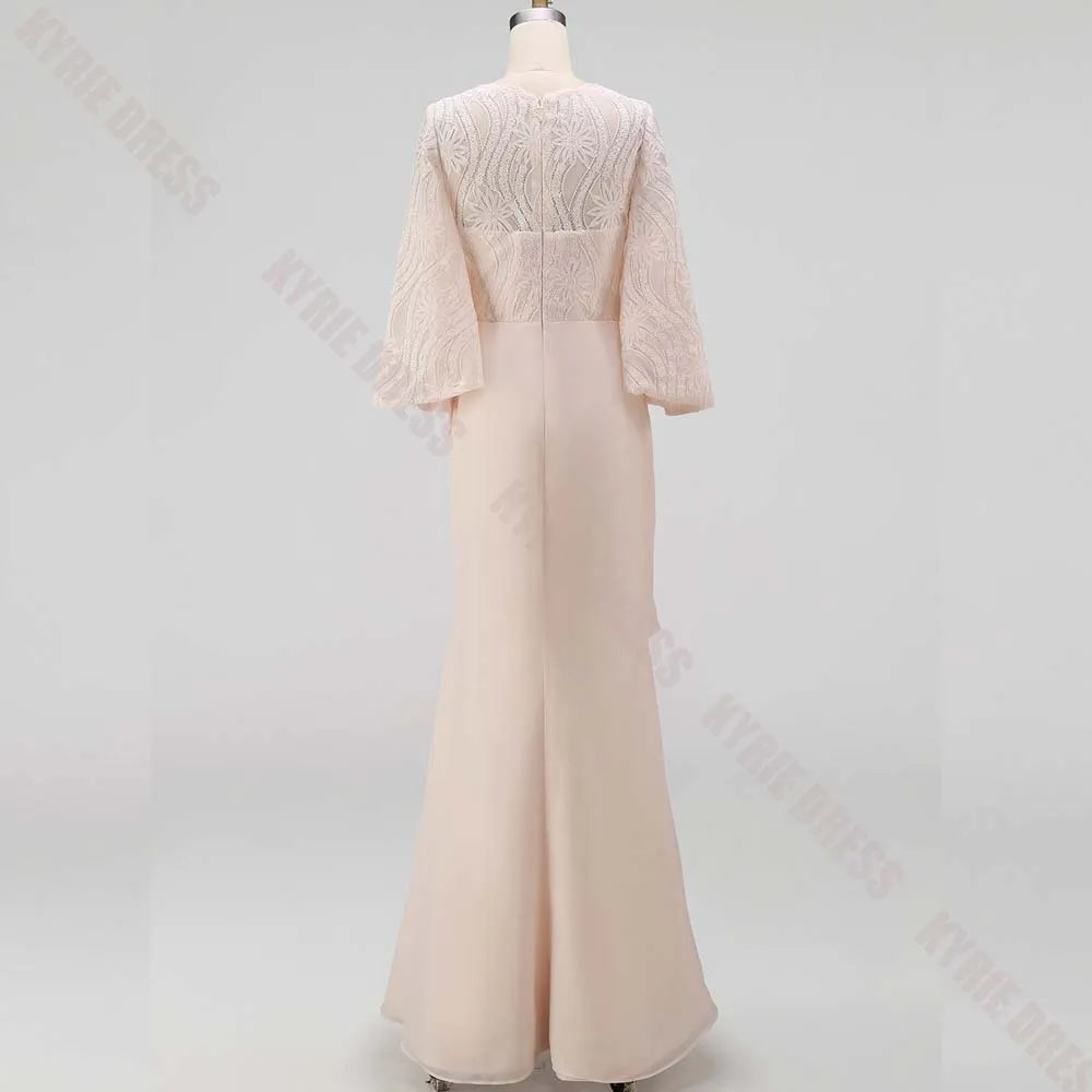 Customized Mother of The Bride Dresses 2026 3/4 Sleeves V Neck Lace Applique Column Chiffon for Wedding Guest Gown Evening Dress