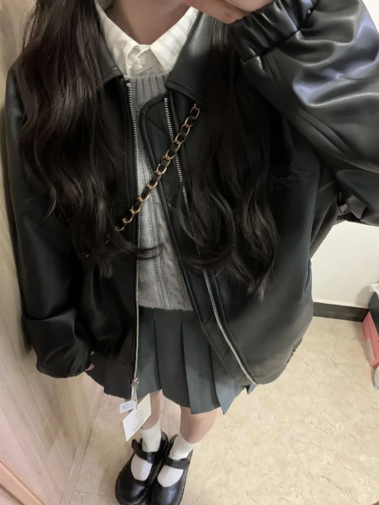 Black Vintage PU Leather Jacket Women High Street Fashion Zipper Leather Jacket Female 2025 Summer Streetwear Loose Casual Coat