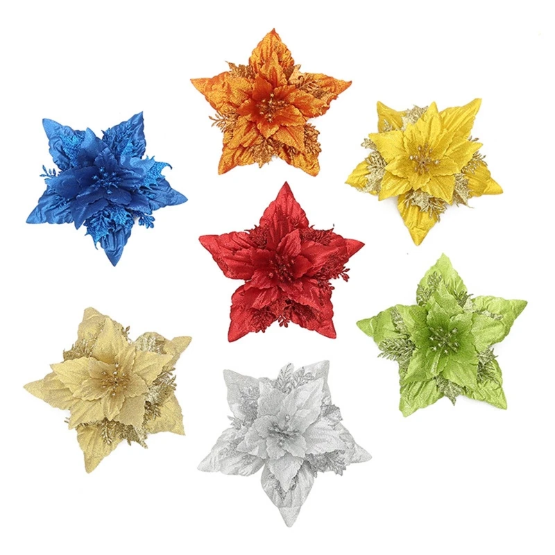 7 Inch Christmas Glitter Poinsettia Flower Decorations for Xmas Tree Wreath