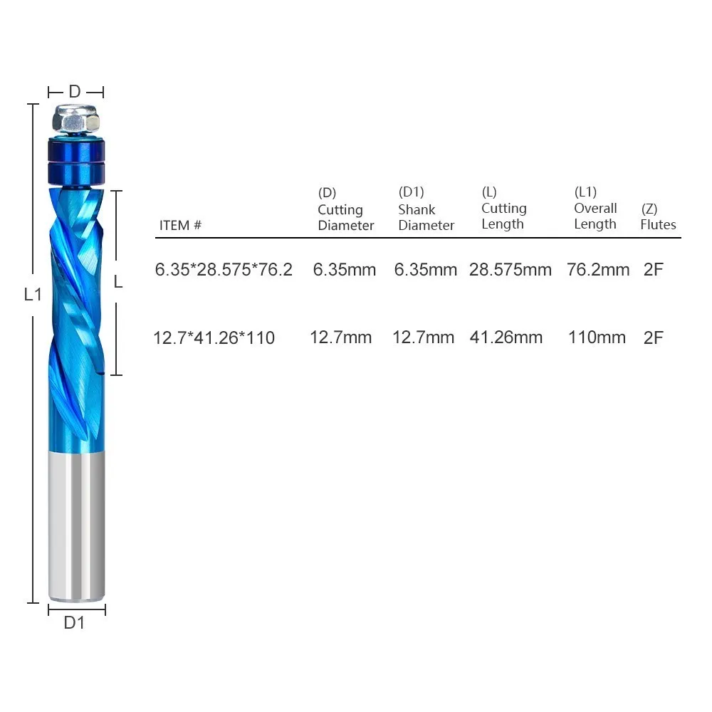 Milling Cutter 1/4 1/2 Shank Sprial Up Down Cut End Mill 2 Flute Trim Router Bits Carbide Woodworking Tools