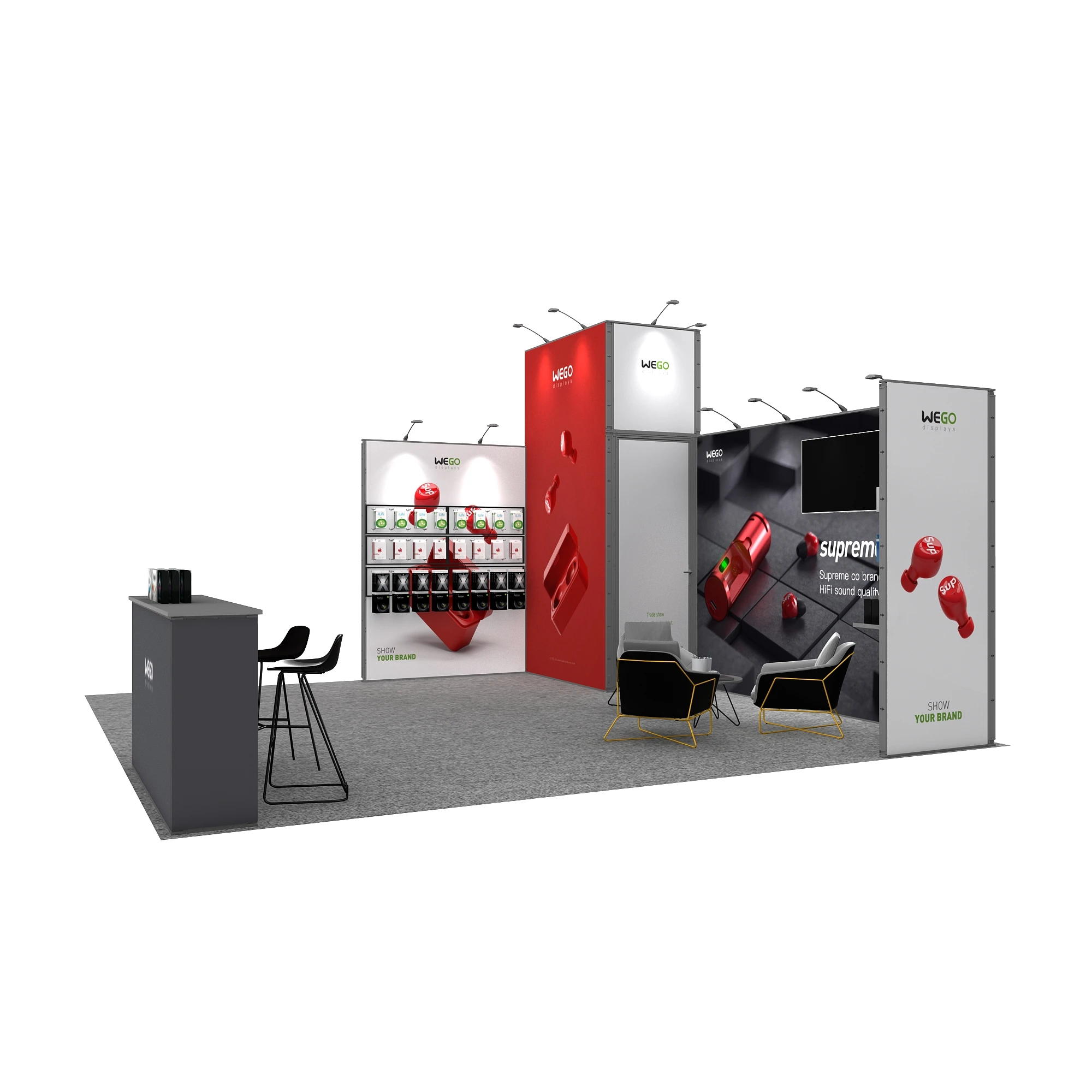 Cabina espositiva modulare da 20x20 piedi 6x6 Grande cabina per esposizione commerciale Supporto per cabina facile da montare con spazio di archiviazione