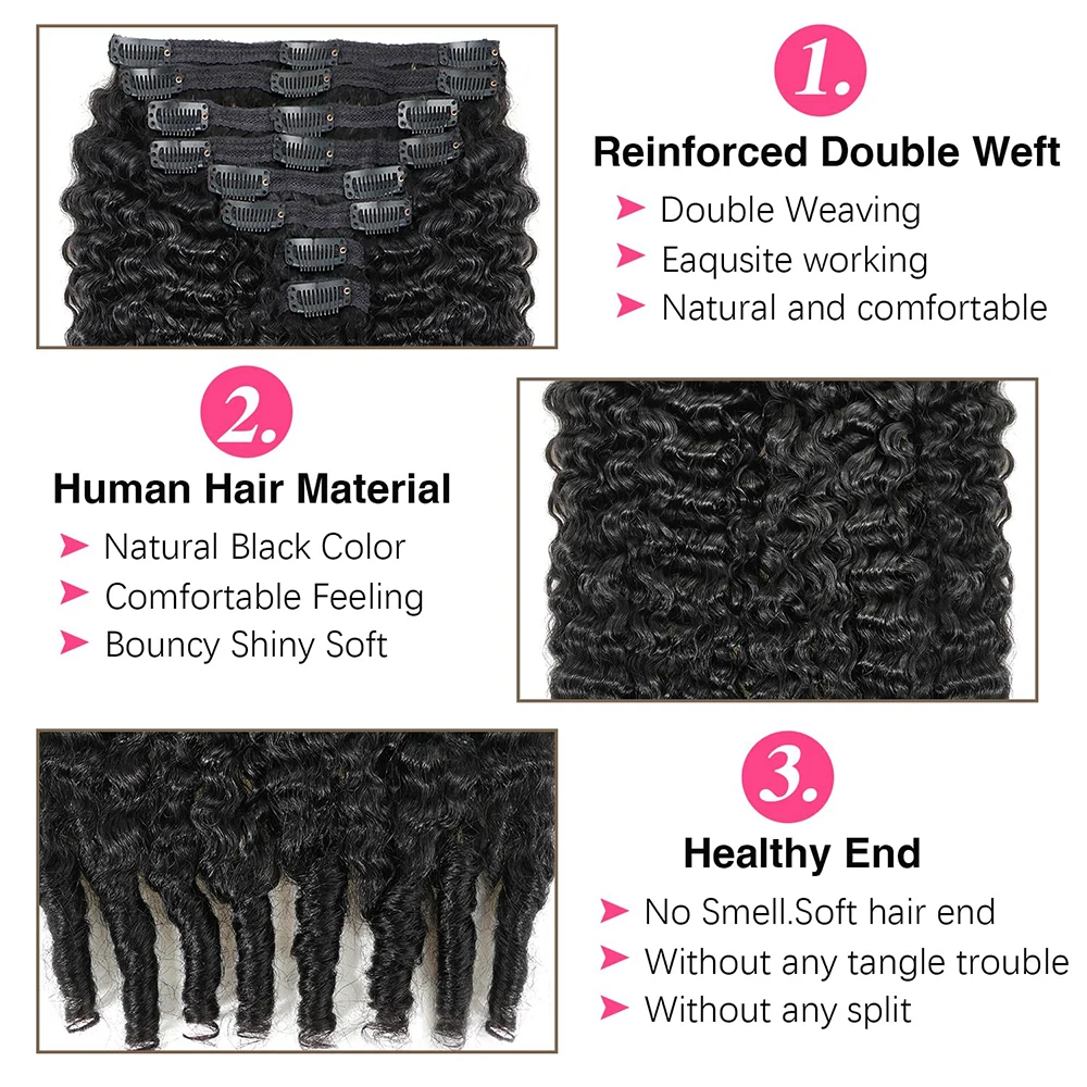 Burmesische lockige Clip-in-Haarverlängerungen, natürliche schwarze Farbe, lockige Clip-Ins für Frauen, brasilianisches Haar, Spirale Enden, 100 % Echthaar