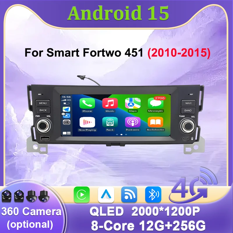 Car Radio For Smart Fortwo 451 2010-2015 Android 15 Multimedia Player Carplay Auto GPS Navigation Bluetooth Split Screen WIFI 4G