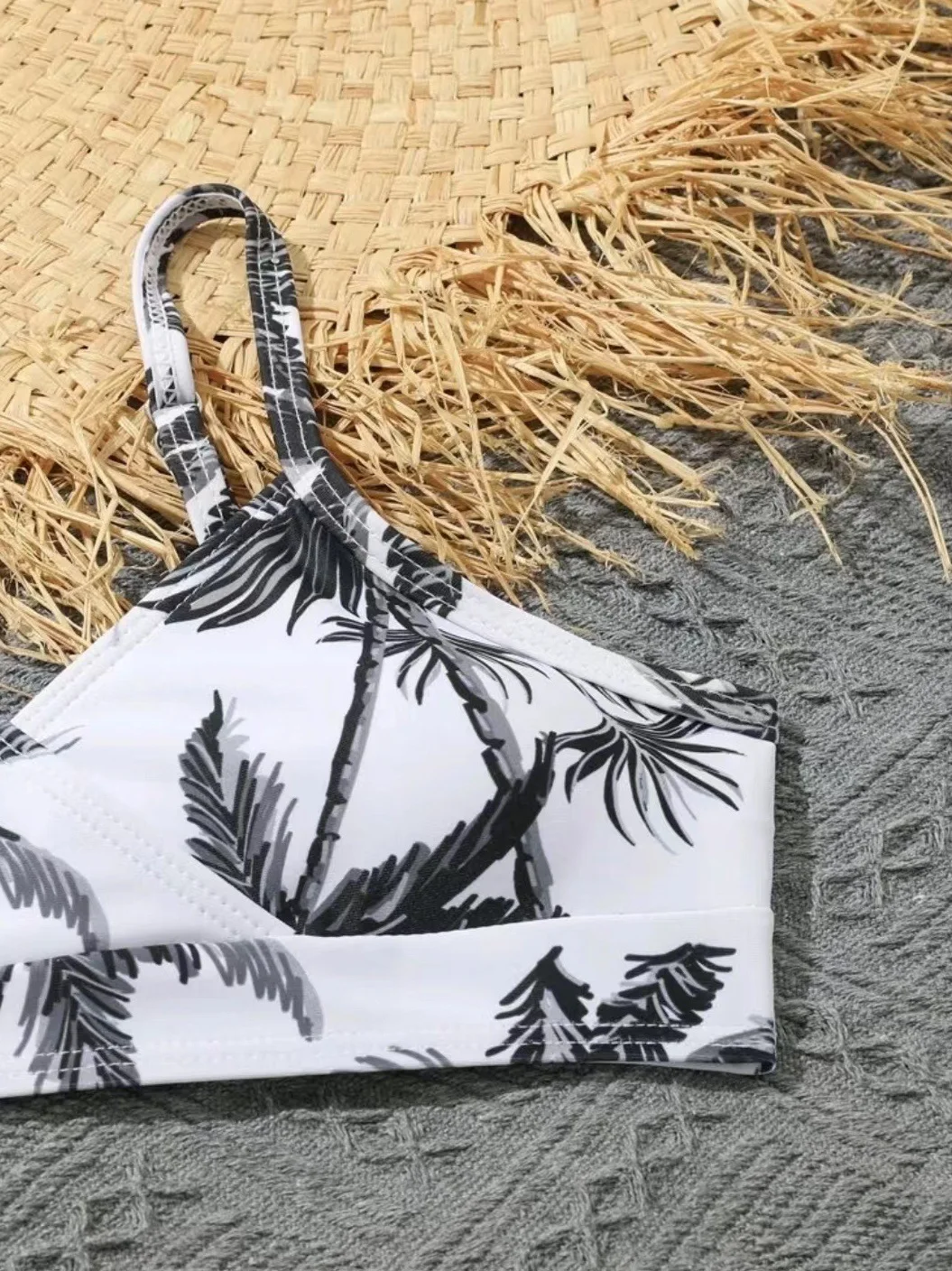 Bikini de palmera para niñas, traje de baño y pantalones cortos de cintura alta, falda de playa, 3 piezas, 2023