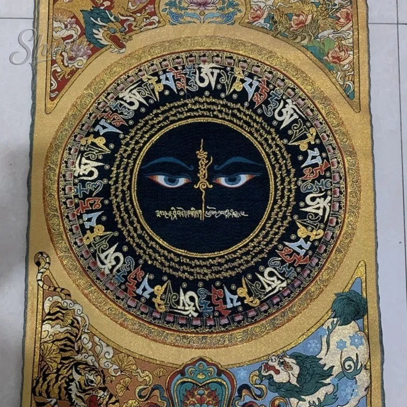 35.4″ Mantra Embroidery Brocade Tibetan Tangka Embroidery Painting Gold Thread Embroidery Decorative Hanging Pictures