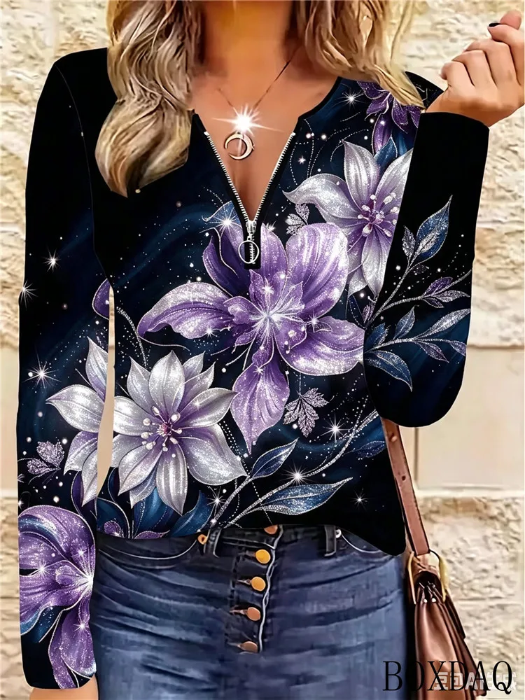 Women's Vintage Fashion Long Sleeve Hoodie New Floral Pattern Print Zipper V-Neck Loose Casual Sweatshirts Autumn