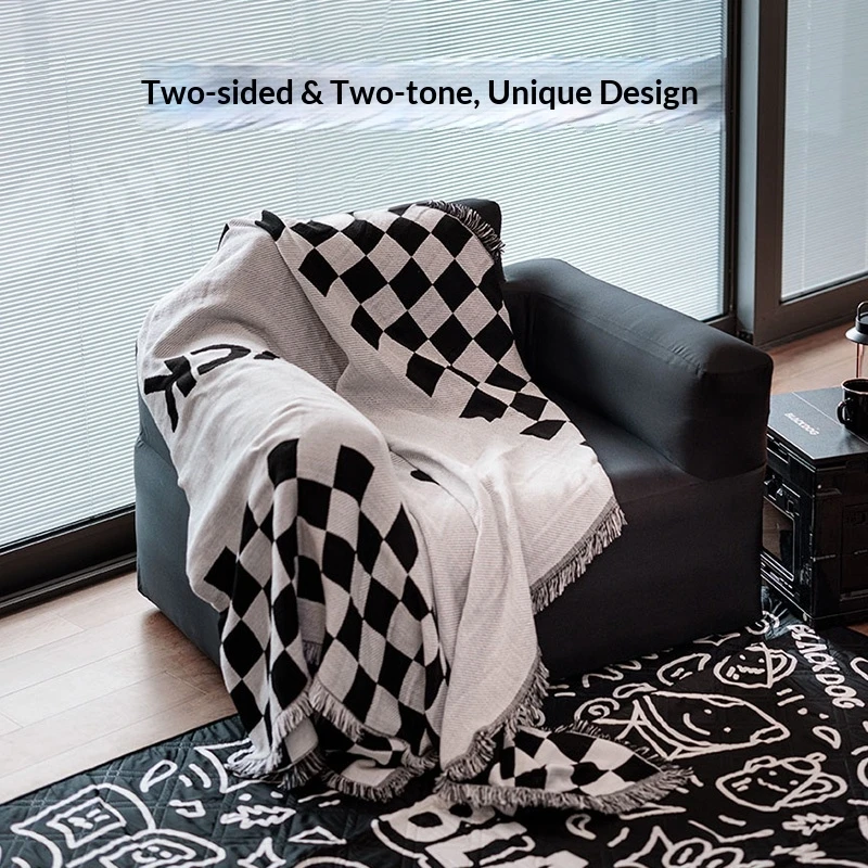 BLACKDOG Trendy Knit Outdoor Camping Home Travel Bed Sheet Tassel Blanket Dual-Tone and Dual-Face Checkered Pattern Tablecloth