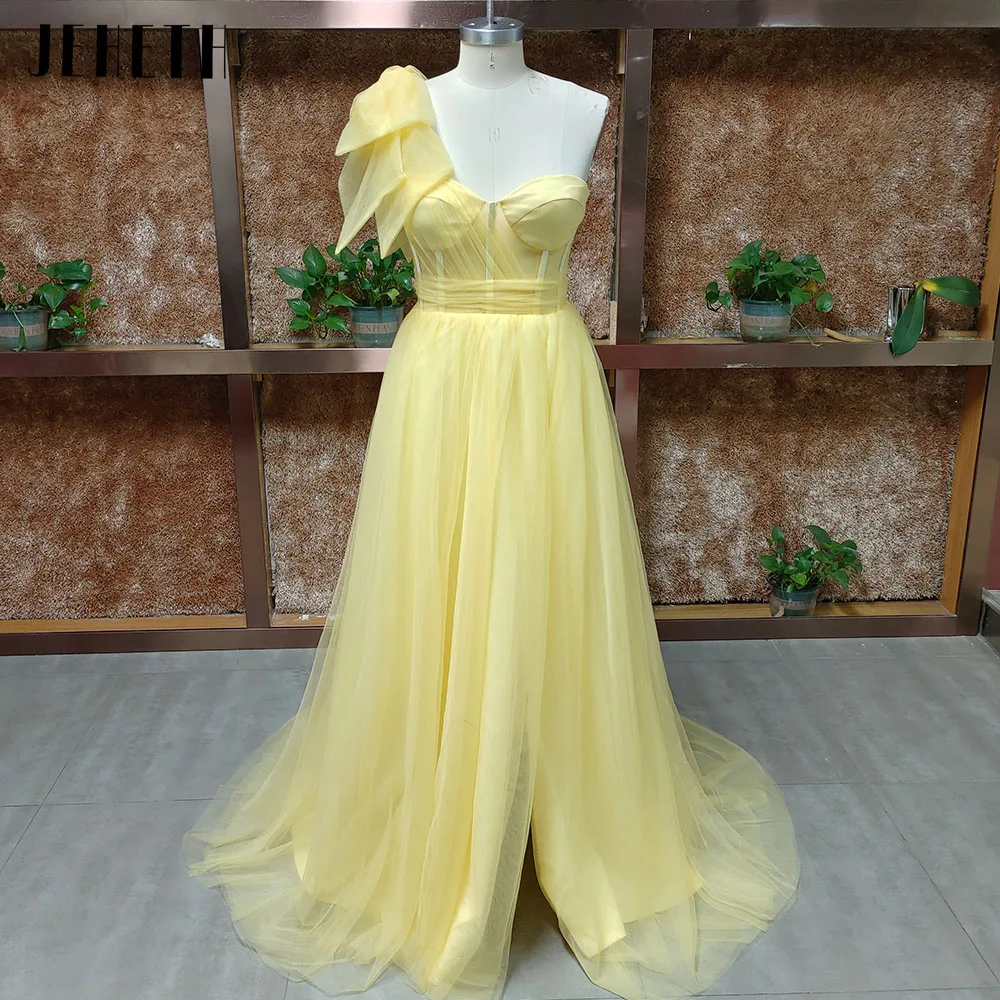 

Yellow A-Line Tulle Evening Dresses One Shoulder Sleeveless Prom Gown High Split vestidos de fiesta elegantes estidos de noche