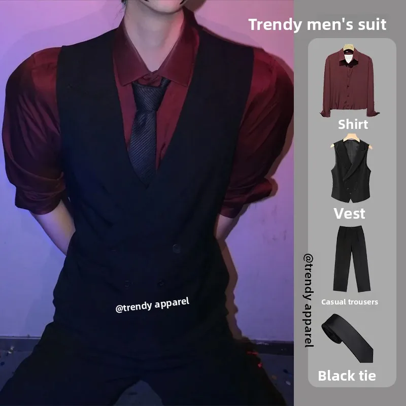 

Мужской костюм Bla Suit Vest Briti Sle Faion Set Высококачественные облегающие брюки irt West Весь комплект Молодежный модный V-Ne Single Bu...