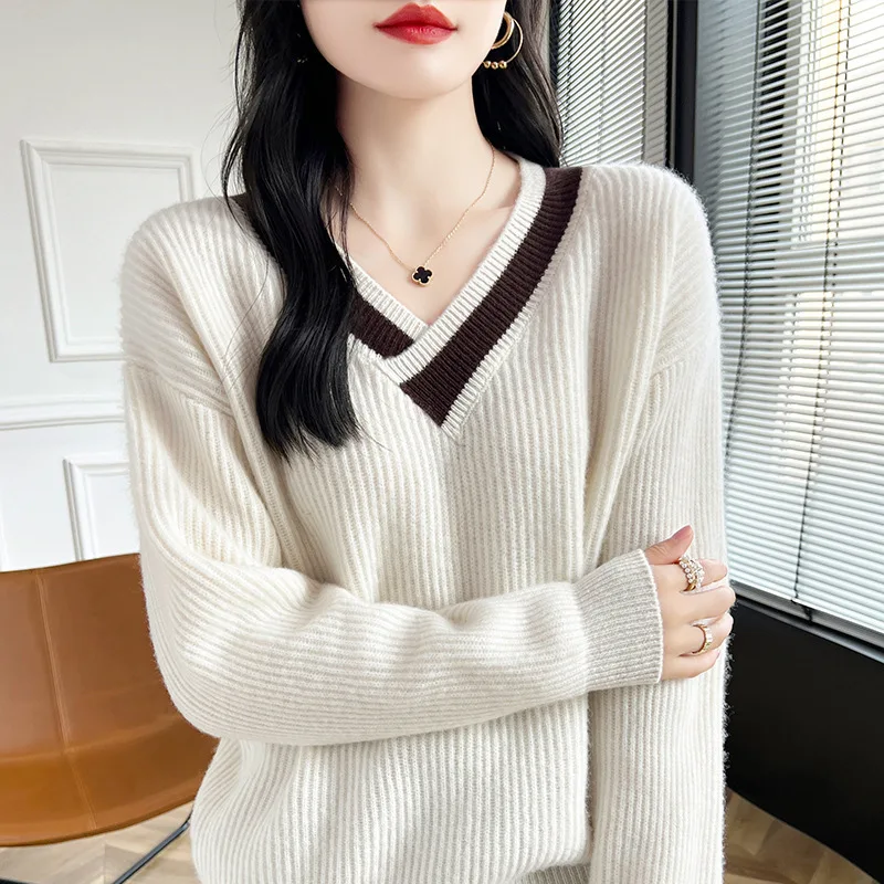 BirdTree, 100%Pure Wool Elegant Sweaters, Women V Neck Solid, Soft Retro Casual Fake Two Pullover, 2024 Fall Winter T48263QC