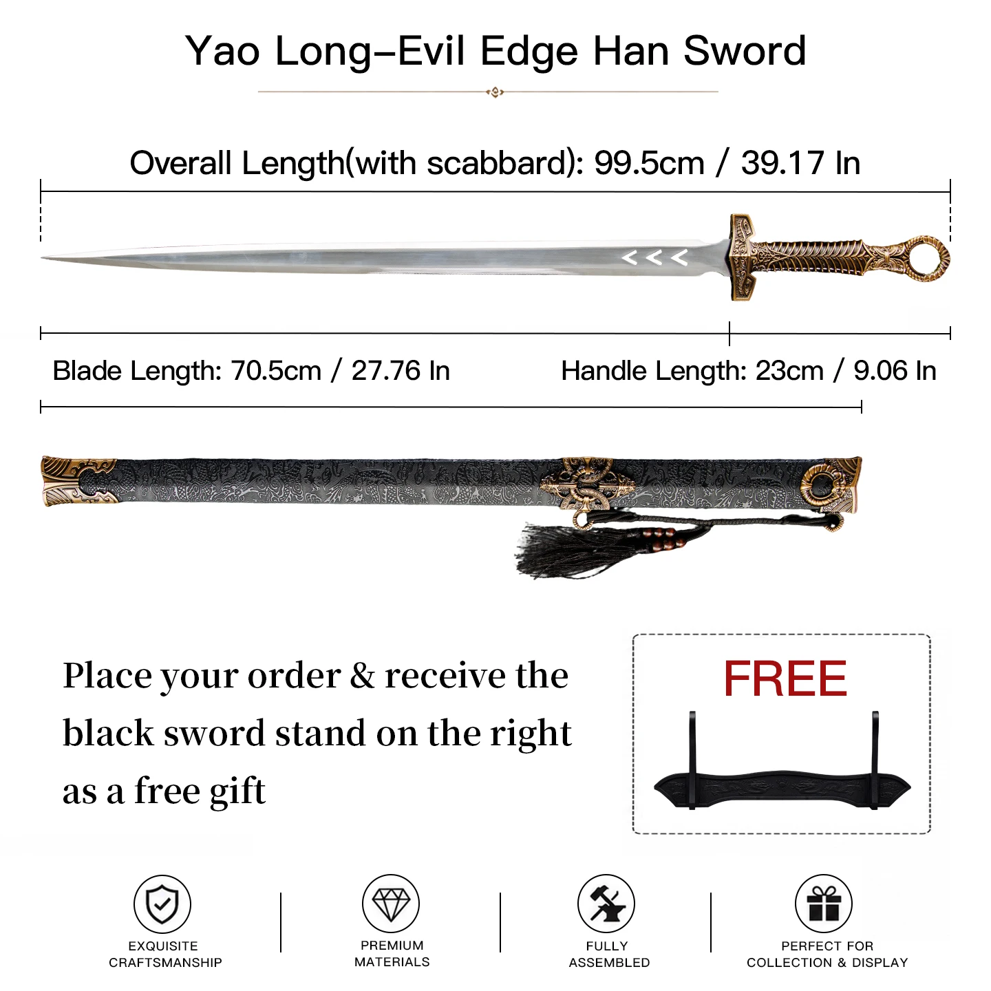 Yao Long Evil Edge Han Sword 99.5cm Chinese Dragon Carved Bronze Fittings Collectible Decor Ornament Free Sword Stand