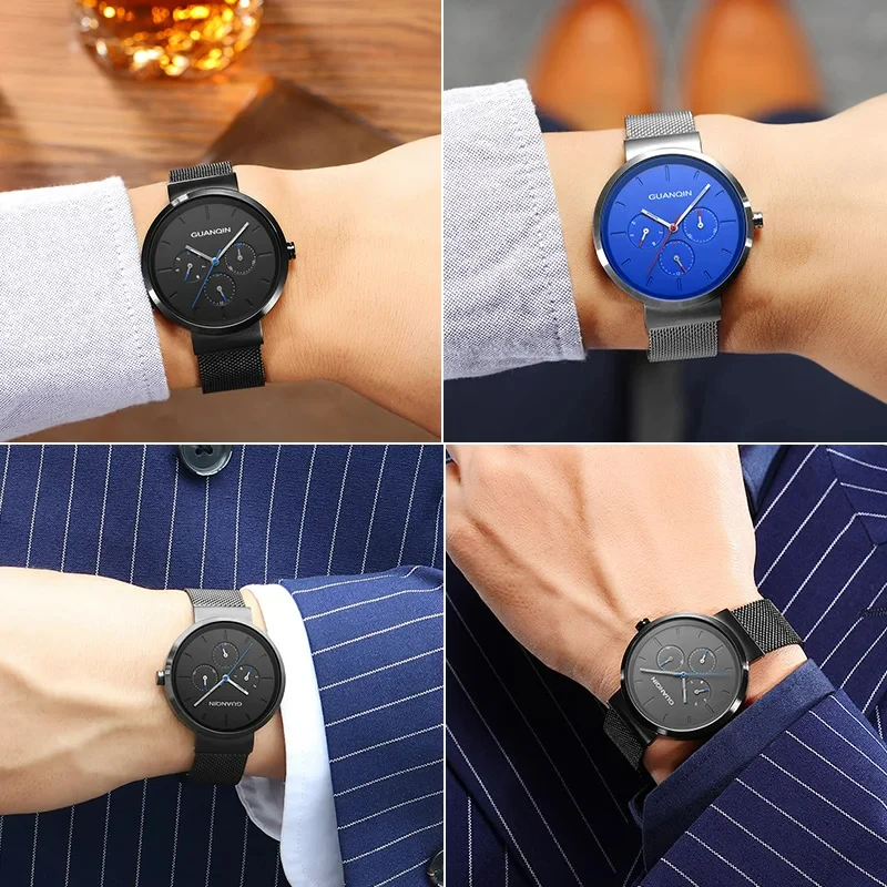 GUANQIN-reloj de cuarzo multifuncional para hombre, cronógrafo sencillo con correa de malla de acero inoxidable, a la moda, nuevo, 2024