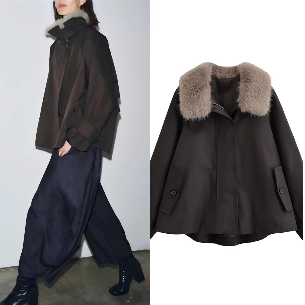 

Women's new fashion detachable fur collar design loose warm windbreaker Coat retro long sleeved zipper women's Coat chic top