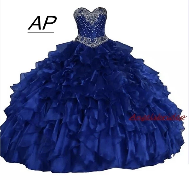 

Royal Blue Sweetheart Ball Gown Quinceanera Dress Real Photo Glittering Crystals Beadings Ruffles Sweet 16 Princess Party Dress