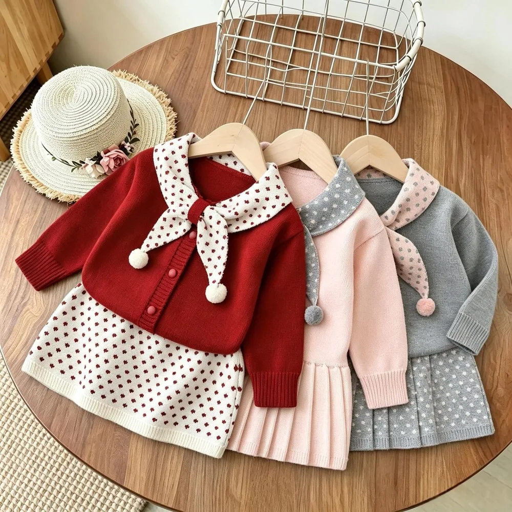 2026 Autumn Winter Girls Knit 2 Piece Set, Polka Dot Bow Collar Knit Cardigan Matching Dress Outfit For Baby Girls