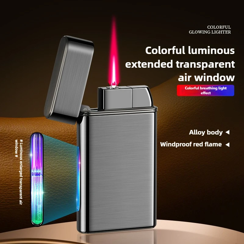 Colorful and High-looking Red Flame Gas Lighter, Metal, Transparent Luminous Gas Chamber, Ultra-thin Body, Cigarette Lighter